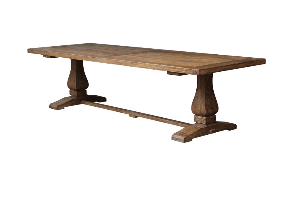 RECLAIMED ELM DINING TABLE W/ DOUBLE PED BASE